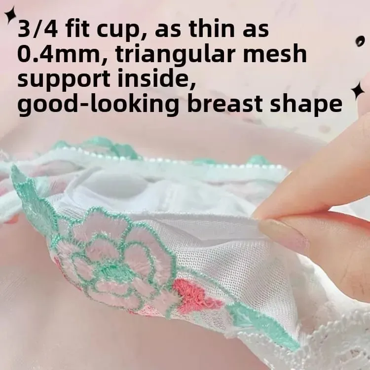 French Style Lace Embroidery Bra Set Women's Underwear Anti-Sagging Thin Design Sweet Pure Desire Wireless Comfortable Bandeau — image 5