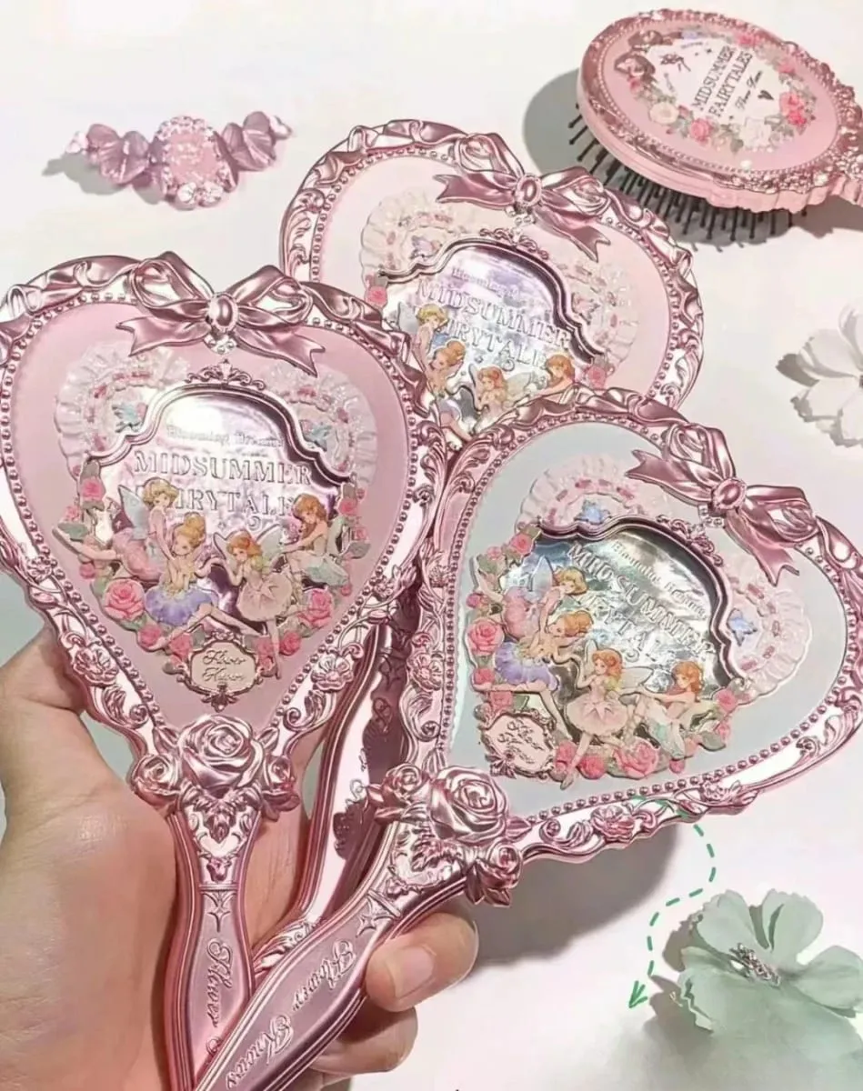 Flower Knows Handheld Makeup Mirror Midsummer Night Strawberry Cupid Bunny Garden Relief Pattern Limited Color Makeup Tool Kit