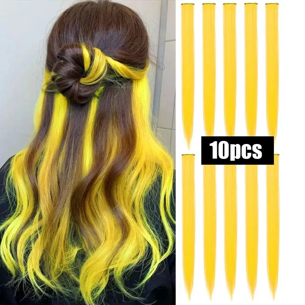 10 PCS Colored Hair Extensions Straight Hairpiece Multi-colors Party Highlights Clip in Synthetic for Women Girls Cosplay Gift