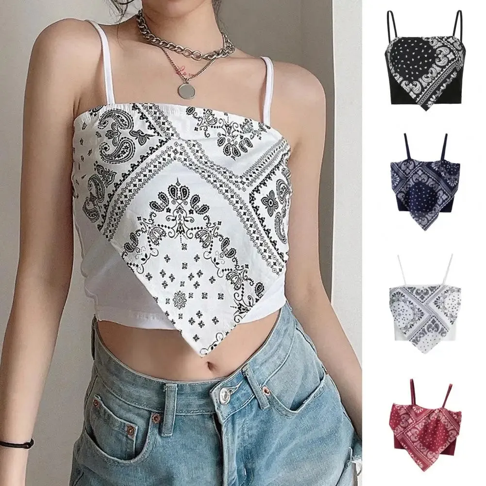 Spagetti Kayışı Tank Top Seksi Backless Kaşkorse Baskılı Bluz Yaz Zarif Parti Kadın Camiş Kore Tarzı Seksi Kısa Üst