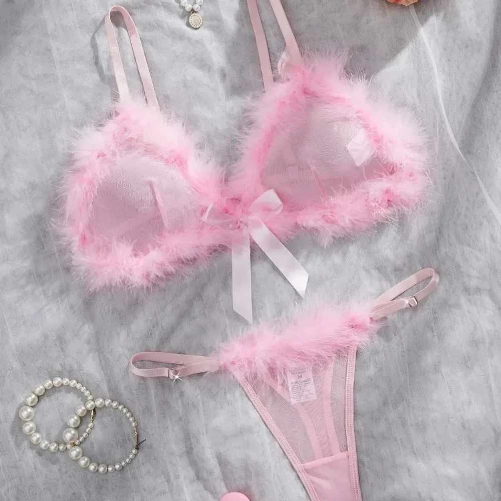 Furry Women's Underwear Wireless Mesh Transparent Lingerie Set Romantic Intimate Bow Decor Bra Panties Suit Valentine's Day