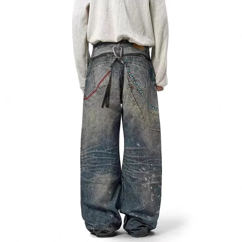 Niche Design Men's Denim Pants Chain Printing Contrast Color Splash-ink Casual Wide Leg Vintage Loose Male Jeans 9W4170