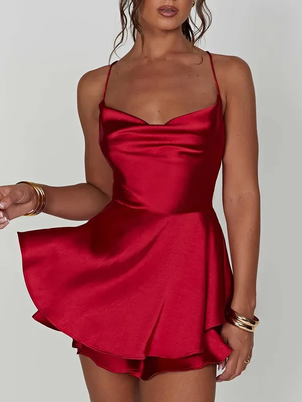 Pakaian Permainan Cami Seksi Wanita Sutera Satin Pakaian Baju Jumpsuit Pendek Tanpa Lengan Leher Cowl Pejal Musim Panas Baju Monyet Tanpa Belakang Tie-Up Salib — image 6