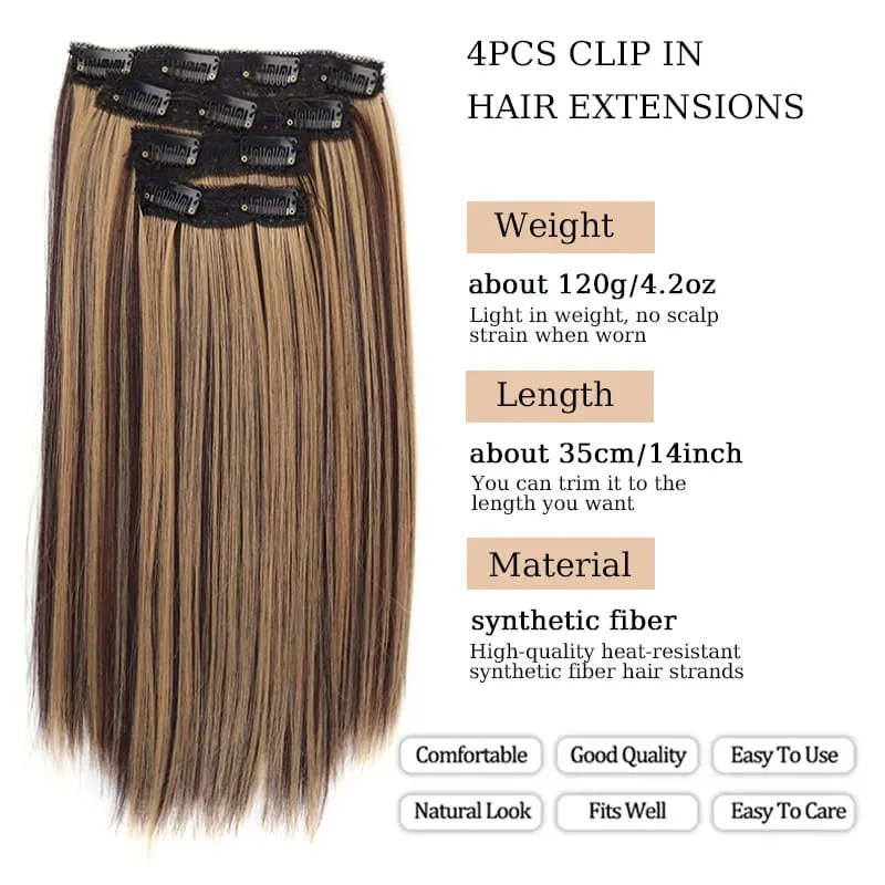 Syntetisk 4st Clip in Hair Extensions 14 tums raka hårförlängningar med BB Clips Osynligt sömlöst hårstycke för kvinnor