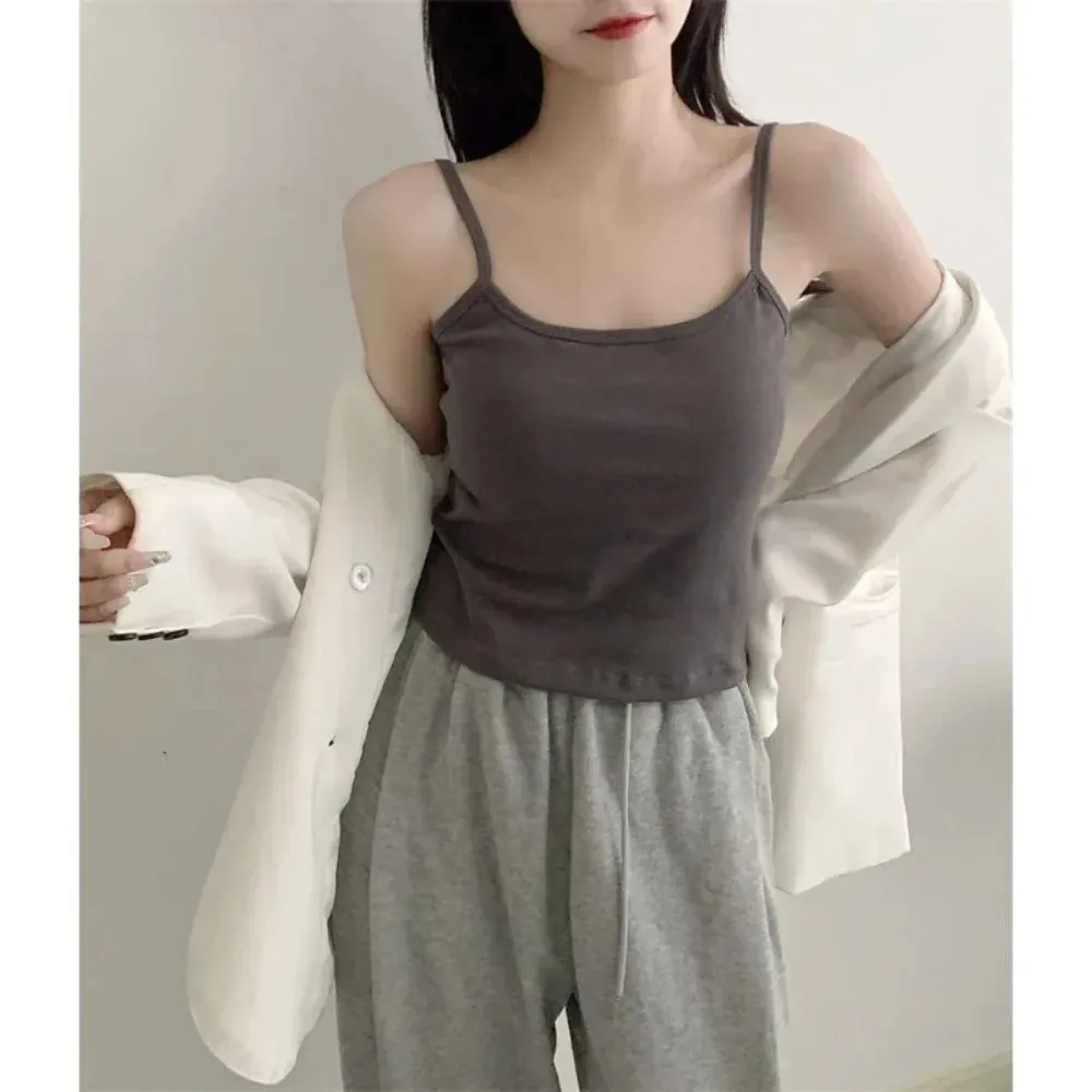 1PC Korean Women's Solid Color Spaghetti Straps Sleeveless Slim Camisole With Chest Pad