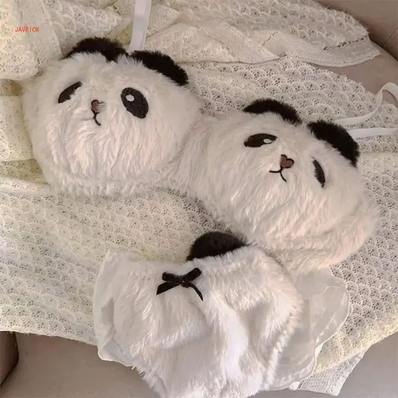 Lingerie invernale da donna con motivo panda a cartoni animati, reggiseno e mutandine in peluche peloso, biancheria intima per cosplay di anime giapponesi, scolaretta