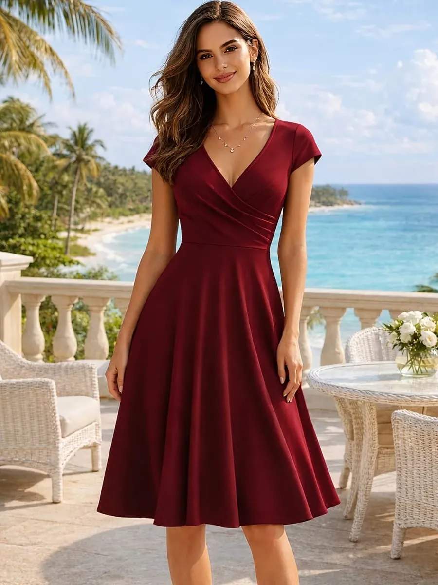 Damen-Kleid, elegant, Rundhalsausschnitt, Sommer, kurzärmelig, einfarbig, A-Linie, knielang, Kleid mit hoher Taille, für Party, Hochzeit, lässiger Abgang