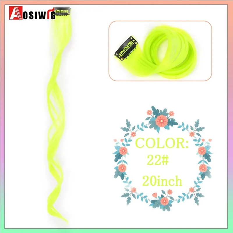 22" Synthetic Long Straight Rainbow Highlight Colored Hair Extensions Clip In One Piece Ombre Pink Purple Green Yellow For Wome