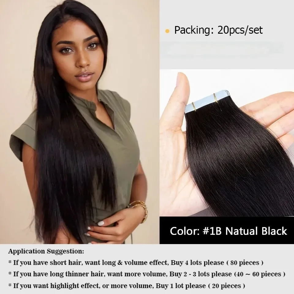 20PCS 12-22inches 30g/pack Tape in Hair Extensions Human Hair Seamless Tape Hair Extensions Skin Weft PU Tape On Hair