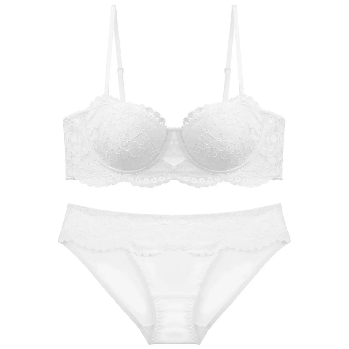 Half Cup Push Up Lace Bra Panties Set Underwear Bunny Ears Thin Lined Removable Straps Non-slip Widen Side Support Sexy Lingerie