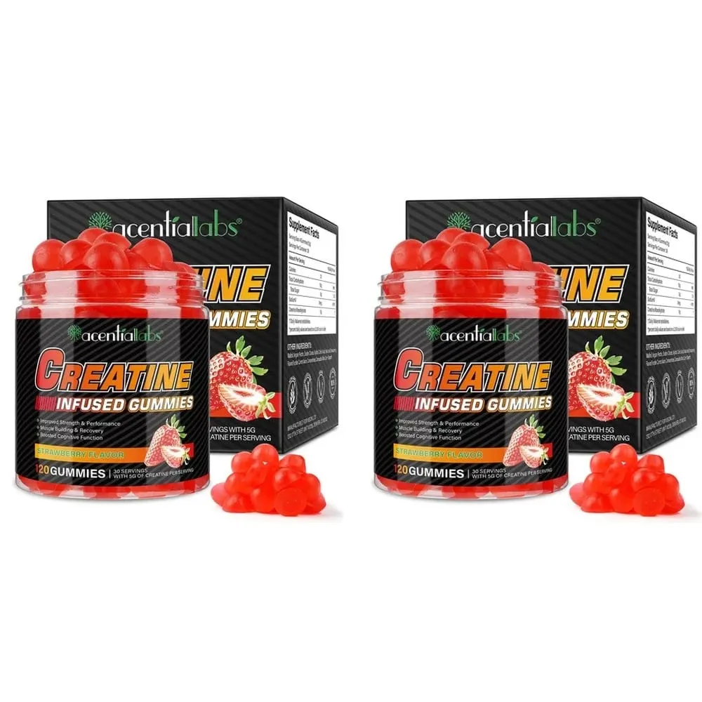 Creatine Monohydrate Gummies 5000mg for Muscle Strength Recovery & Pre-Workout Energy Boost Sugar-Free Vegan Strawberry 120 Ct