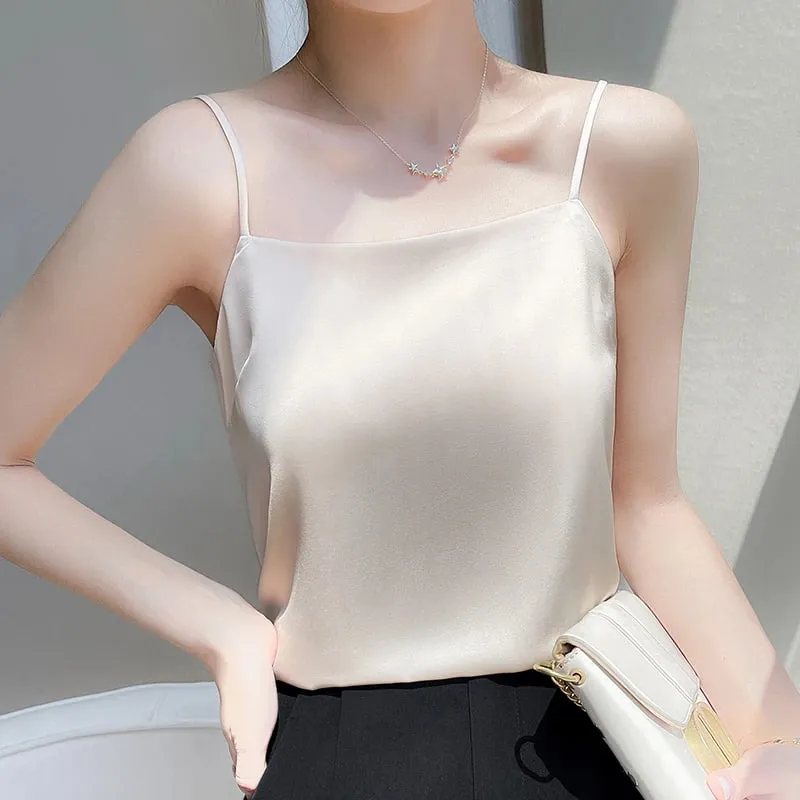 Silk Satin One-Shoulder Sexy Strap Vest Women's Sleeveless Suit Inner Wear Base Shirt Backless Commute Style Pure Color Summer