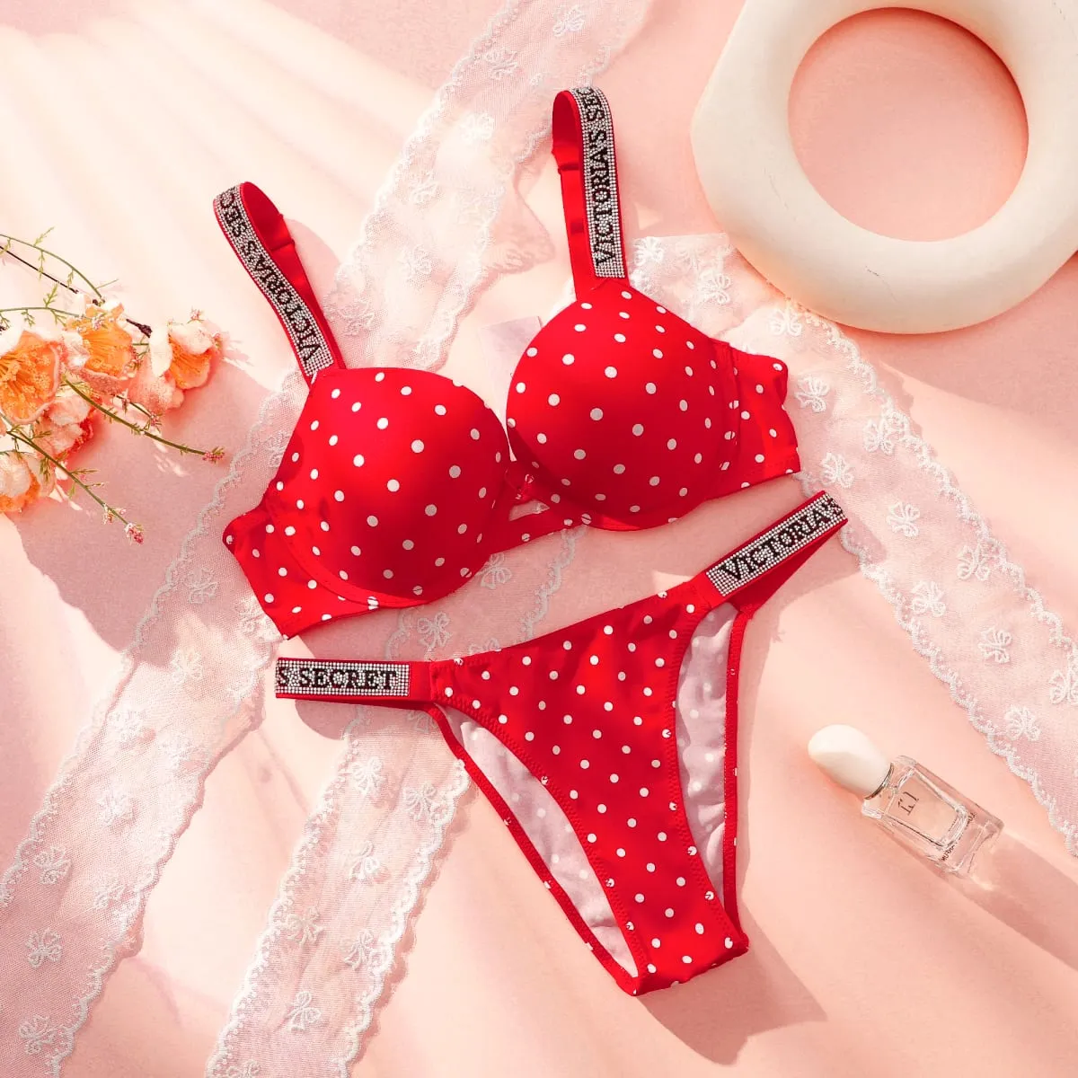 Victoria Secret Sexy Women Underwear Very Sexy Shine Script Polka Dot Push Up Bra Shine Script Thong Panty Set Hot