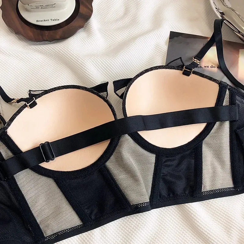 Bowknot Gauze Perspective Sexy Push Up Underwear Set Thick Small Bra Briefs Panties Lengthen Adjustable Intimates Belt