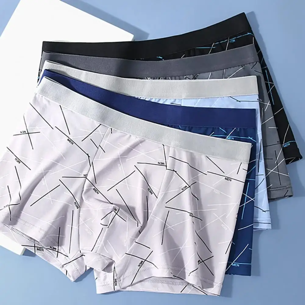 Men Underpants Underwear Elastic Mid Waist Letter Striped Print Soft Breathable Seamless U Convex Quick Dry Men Underpants