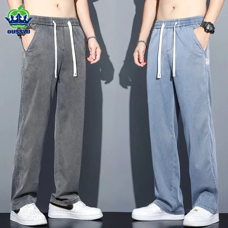 Summer Thin Soft Lyocell Fabric Jeans Men Loose Straight Wide Leg Pants Drawstring Elastic Waist Casual Trousers Plus Size M-5XL — image 2