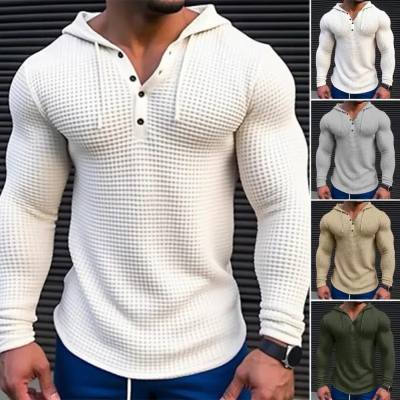 T-shirt à manches longues pour hommes, couleur unie, coupe cintrée, à capuche, respirant, haut de sport, en coton gaufré, décontracté, printemps
