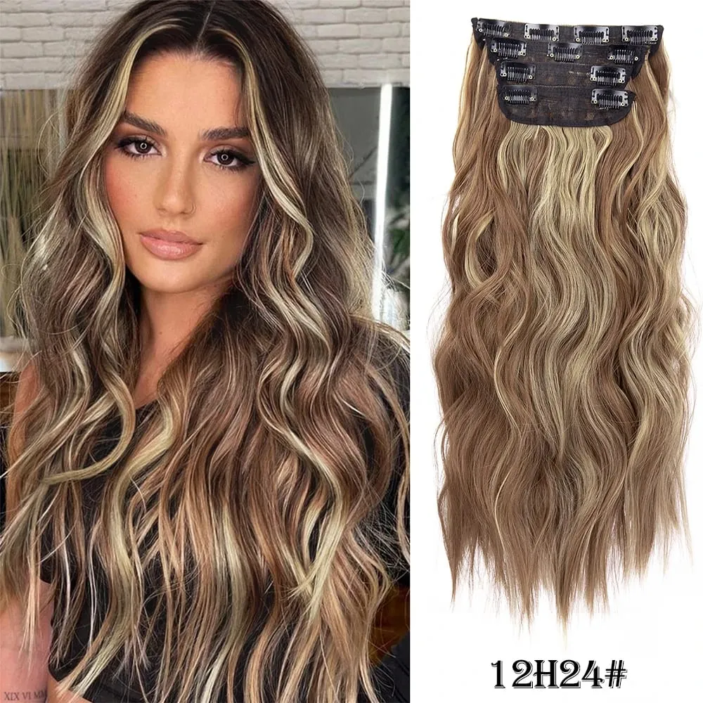 Leeons Wavy Clip In Hair Extensions 4 PCS Natural Soft Long Wavy Hairpieces Thick Double Weft Clip In Hair Extensions For Woman