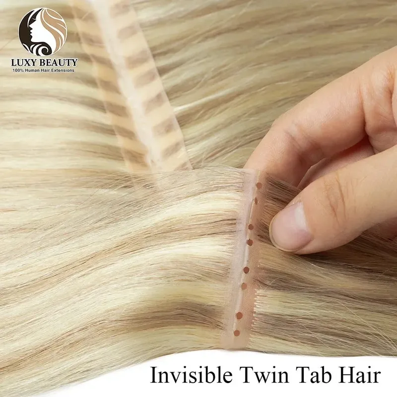 Blonde injected Hole Weft Human Hair Extensions Straight Twin Tab Butterfly Weft Natural Invisible Brown Hole Weft Extensions — image 1
