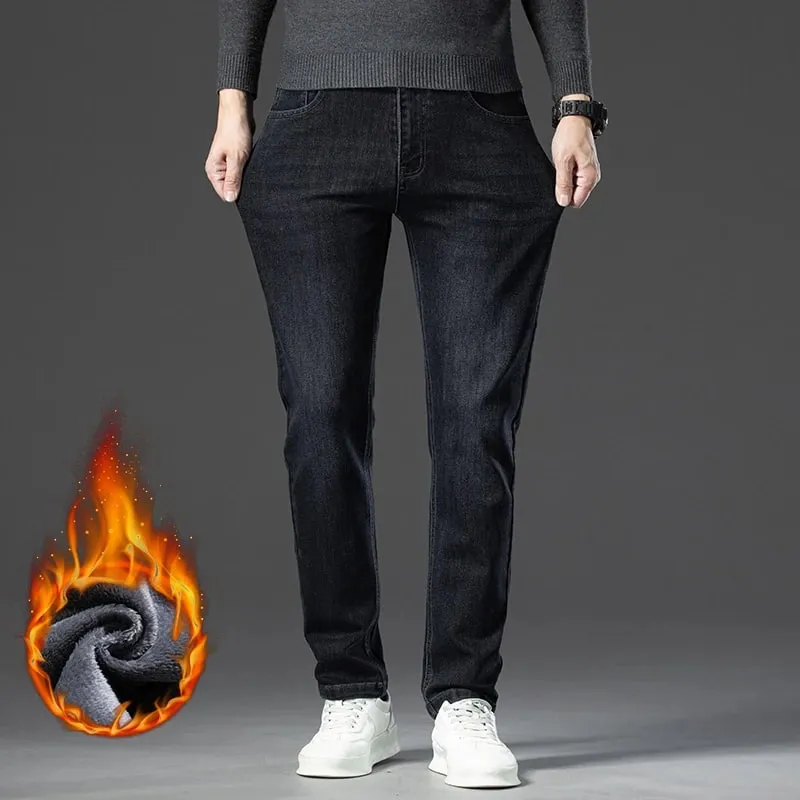 Winter Fleece Warm Men's Jeans Straight Stretch Classic Business Casual Thicken Denim Trousers Washed Fashion Velvet Male Pants