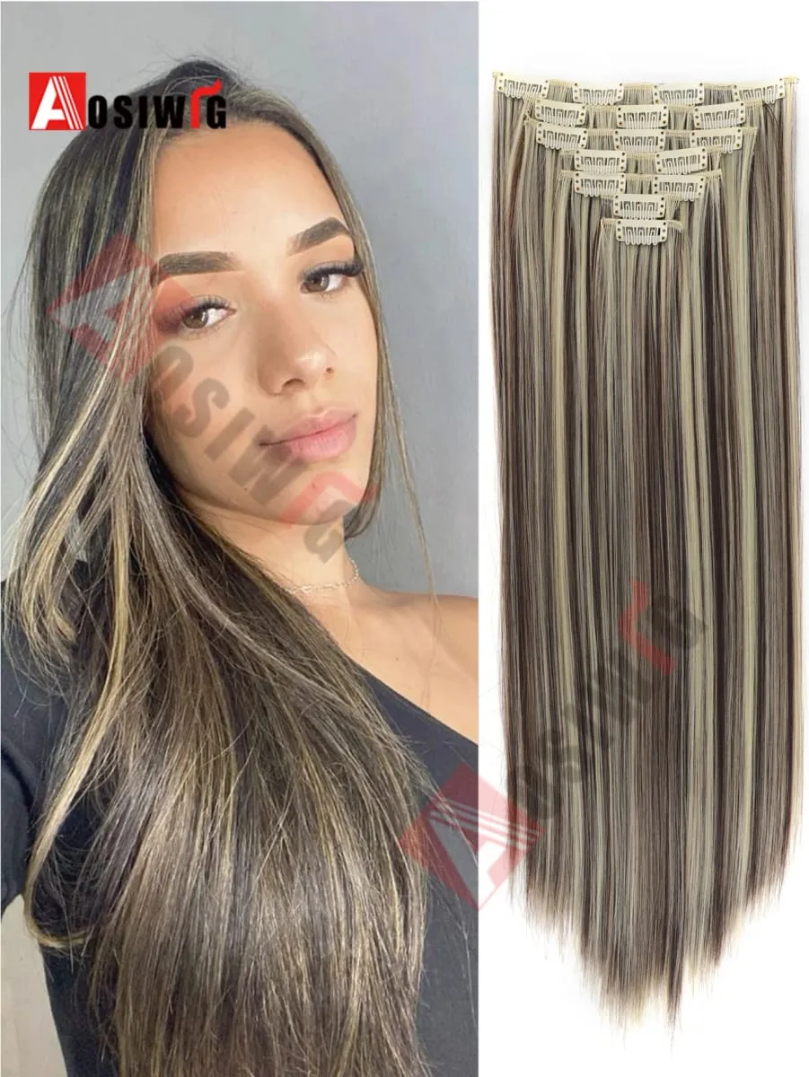 18-32Inch 16 Clips in Hair Extensions Long Straight Hairstyle Synthetic Blonde Black Hairpieces Heat Resistant False Hair Daily