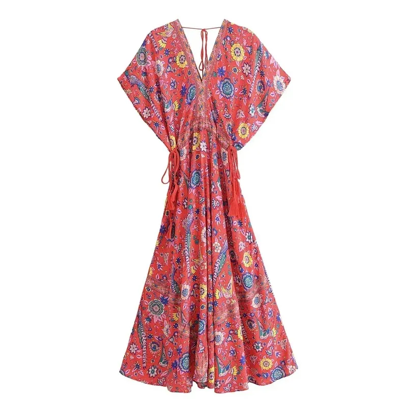 Boho Queens Mulheres Pavão Floral Impressão Manga Morcego Praia Boêmio Maxi Vestidos Senhoras V Neck Tassel Vestido de Verão