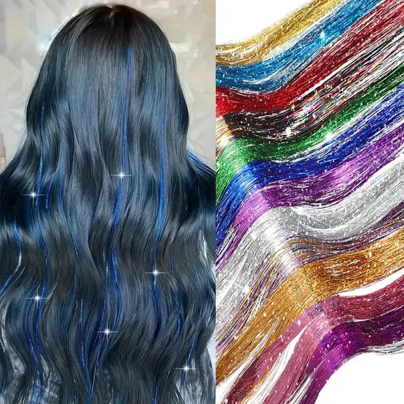 Rainbow Hair Tinsel Kit 6pcs 1200 Strands Glitter Tinsel Hair Extensions Heat Resistant Sparkling Shiny Fairy Hair Acc