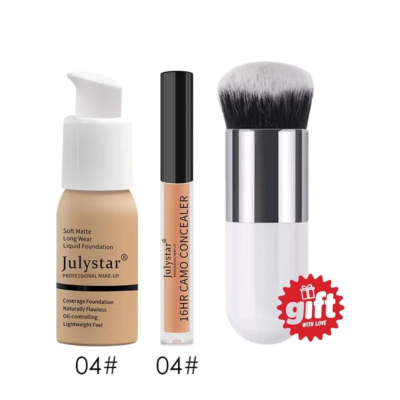 3‑Pc Base Makeup Kit Foundation&Concealer Free Brush. Matte 16H Oil‑Control Lightweight Full-Coverage for Natural Daily Face