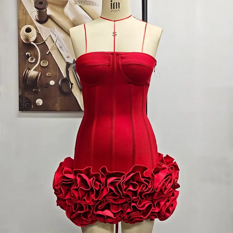 VC Christmas Dress Strapless Backless Red Structured Floral Embellished Mini Length Bodycon Celebrity Party Cocktail Dress