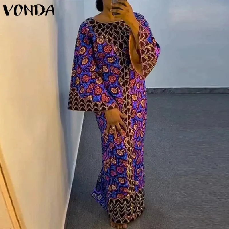 Bohemian Party Dress Elegant Women Printing Sundress Vintage Flare Long Sleeve Maxi Vestidos Oversized O-Neck Robe Femme