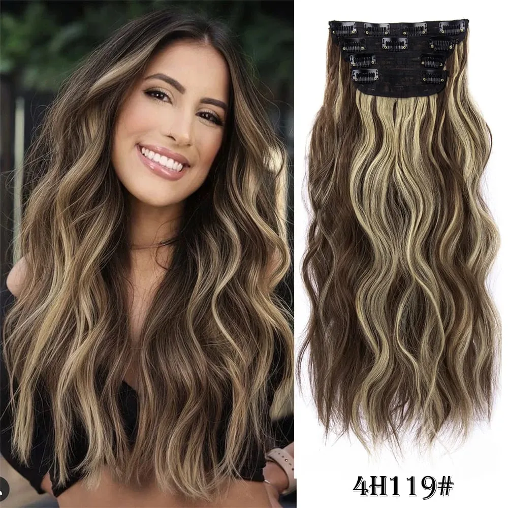 Leeons Wavy Clip In Hair Extensions 4 PCS Natural Soft Long Wavy Hairpieces Thick Double Weft Clip In Hair Extensions For Woman