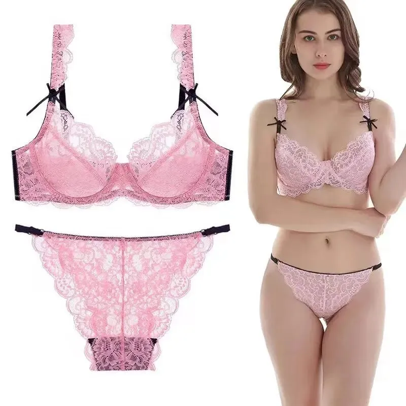 French Romance Lace Bralette Push Up Bra Ultra Thin Non Padded Wirefree Unlined Big Bust Minimizer Lingerie Set BANERDANNI S-XL