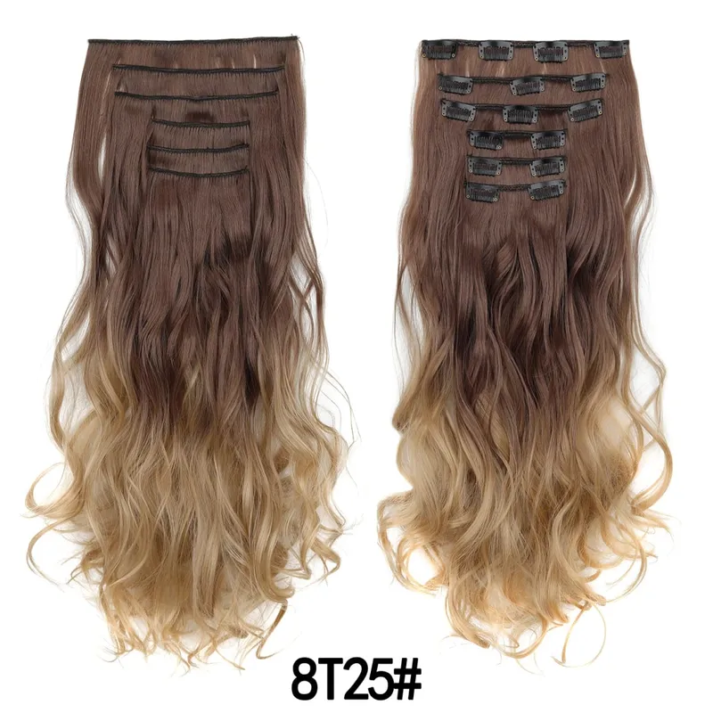 คลิปในส่วนขยายของผม 6PCS Hairpiece 20 นิ้วยาวหยักสังเคราะห์หนา Double Weft ผมสำหรับผู้หญิงสีไล่ระดับสีทุกวันใช้