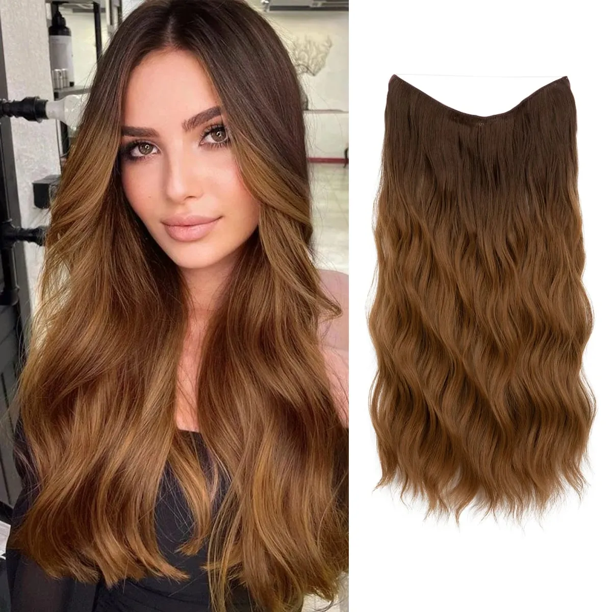Synthetic Wave Invisible Wire With Clips Hair Extensions Fish Line Natural Blonde Clip In Hairpiece Fake Hair Piece
