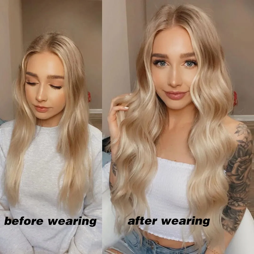 Synthetic 7Pcs/Set 22" Wavy Hairpiece Straight 16 Clips Hair Extensions Heat Resistant Styling False Hair