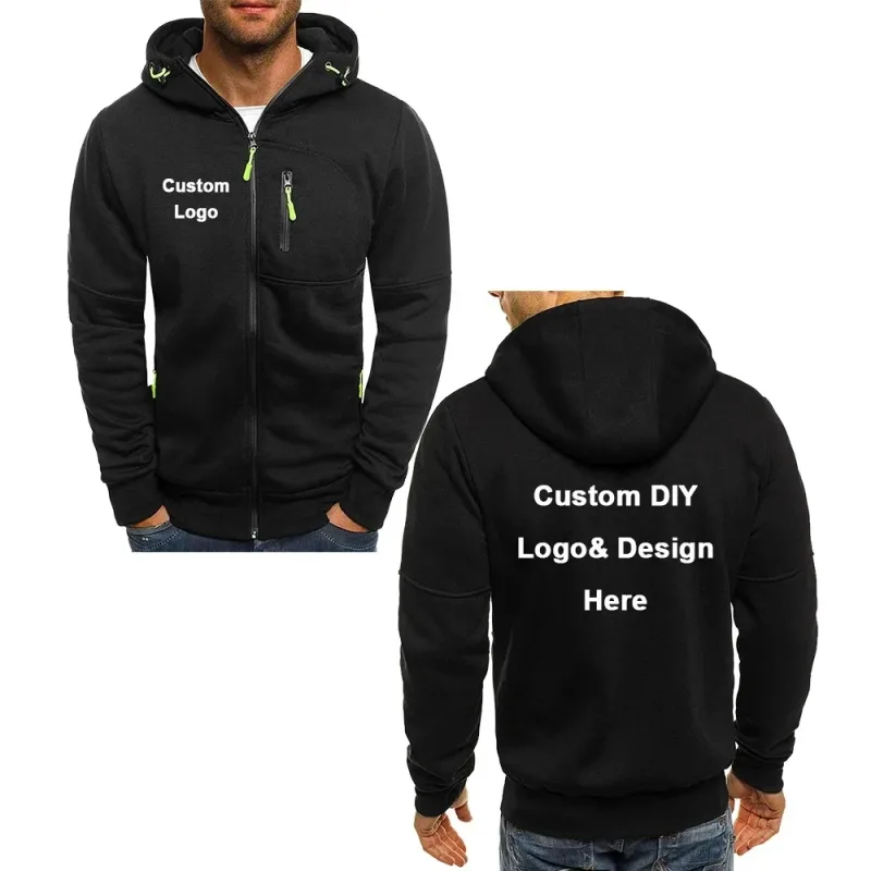 Veste zippée à capuche pour homme avec poches logo personnalisé texte image sport décontracté streetwear cardigan en laine pour homme mode