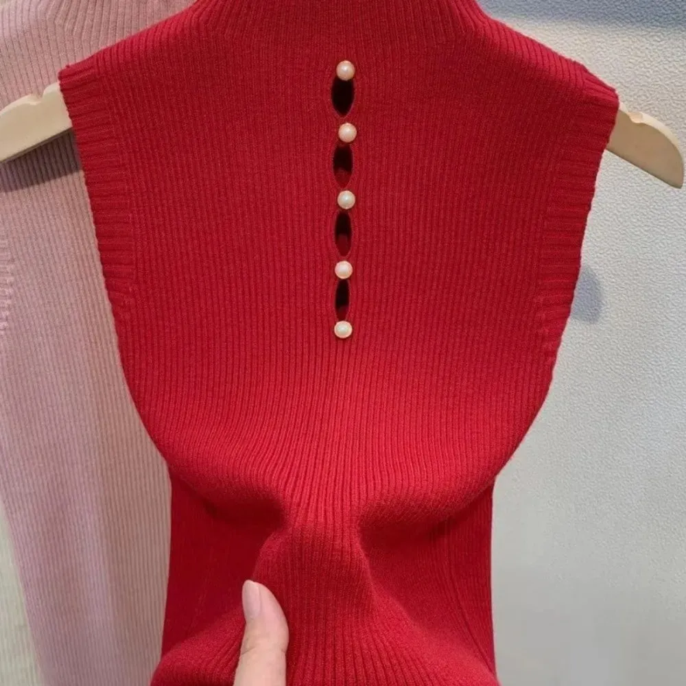 Elegant Solid Color Knitted Vest Sleeveless Slimming Tees T-Shirt Half-turtleneck Tank Top Women