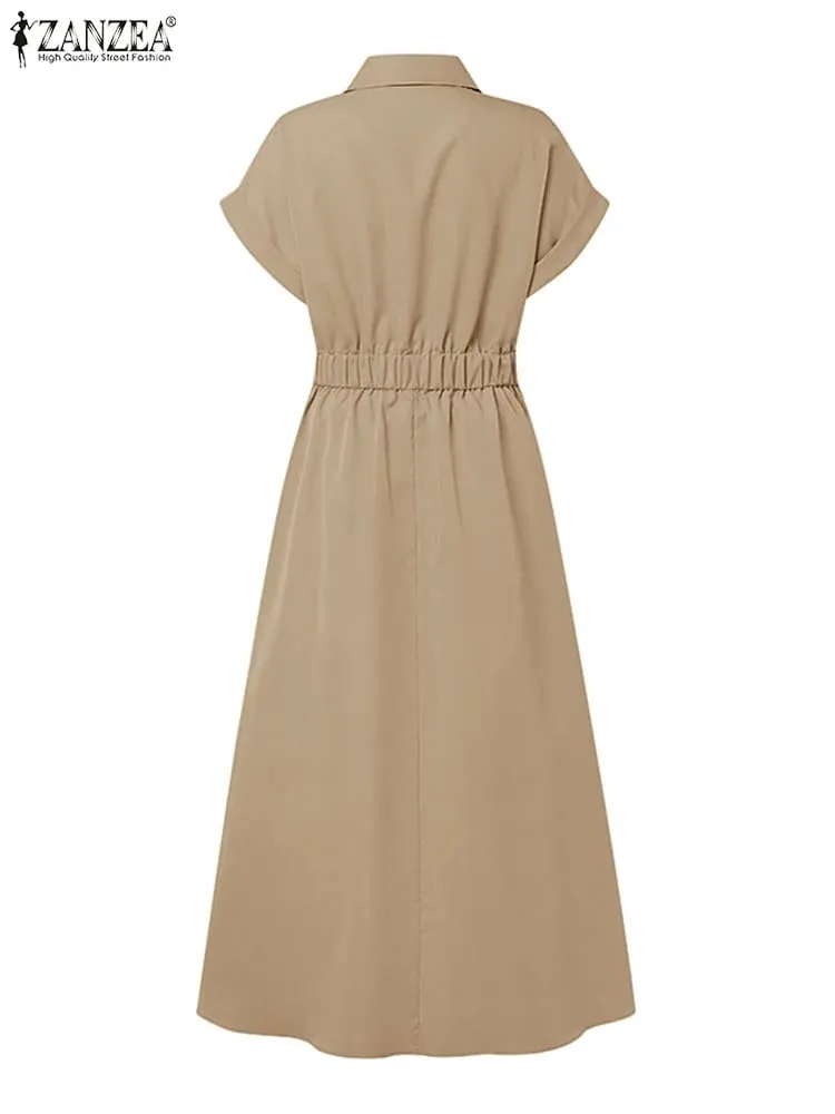 Elegant Chic Women Long Dresses Casual Short Sleeve Collared High Waisted Casual & Day Shirt Dress Solid Color S-3XL