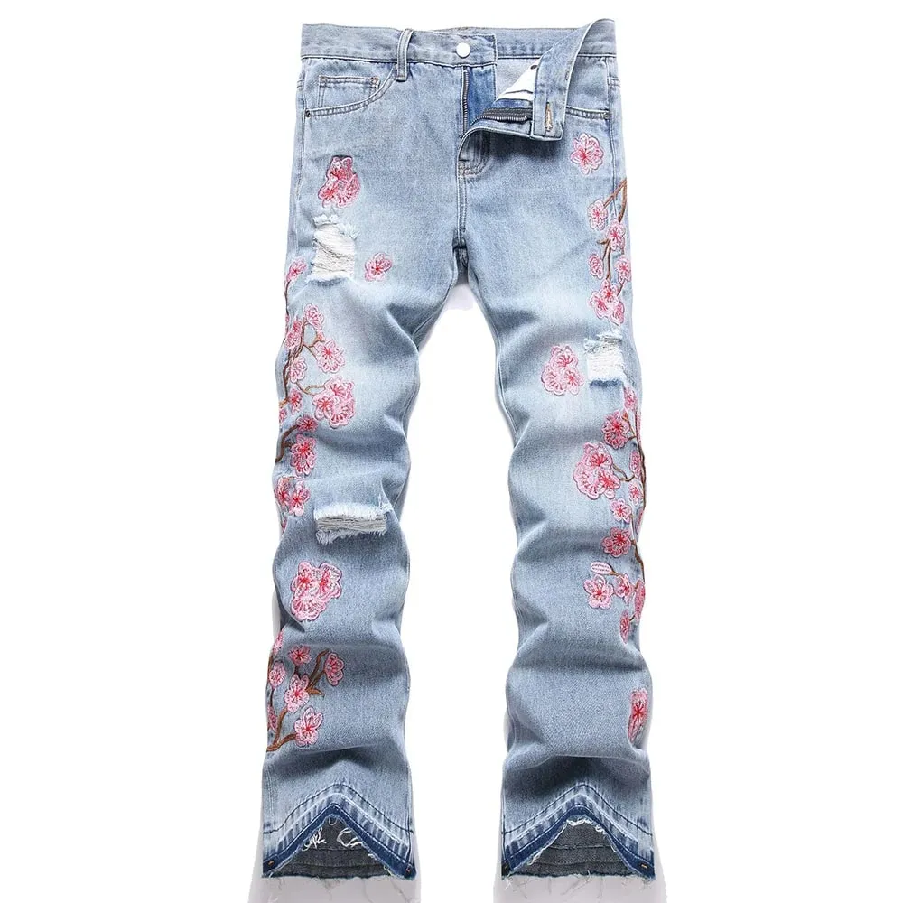 Men Sakura Embroidery Denim Jeans Streetwear Boot Cut Pants Released Hem Flared Trousers with Ripped And Cherry Blossom Design