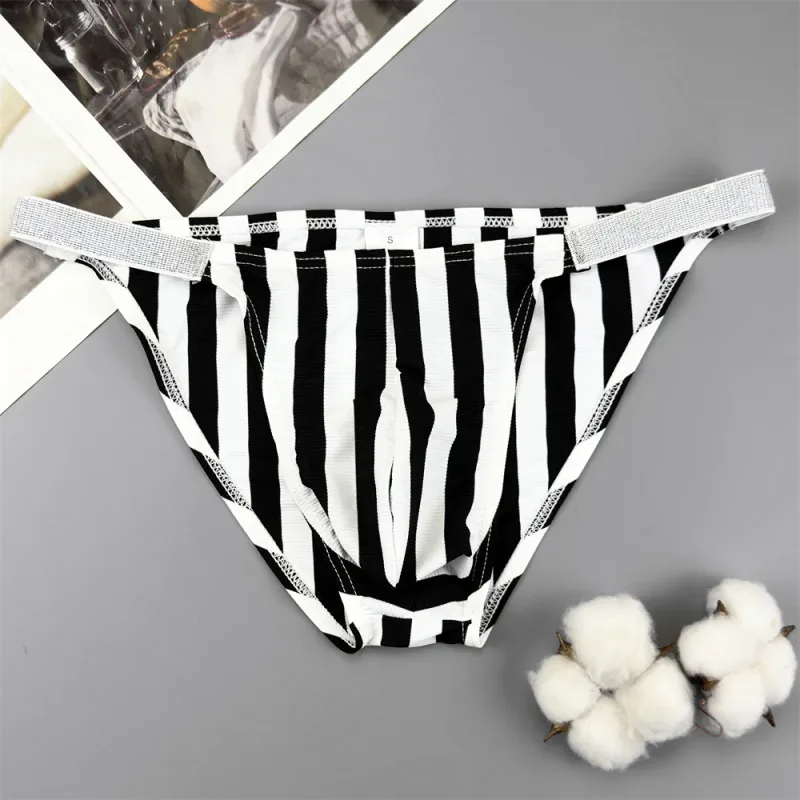Ceinture brillante rayée pour hommes, slip Sexy à fourche haute, élastique et confortable, culotte à poche bombée, sous-vêtements taille basse à séchage rapide