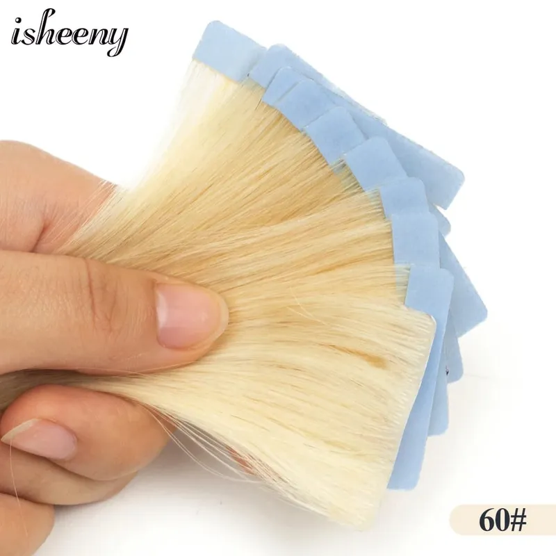 머리 확장에 Isheeny 보이지 않는 테이프 12 "16" 20 "피부 Weft 테이프 Ins 10pcs 자연 스트레이트 기계 레미 인간의 머리카락 제작 — image 12
