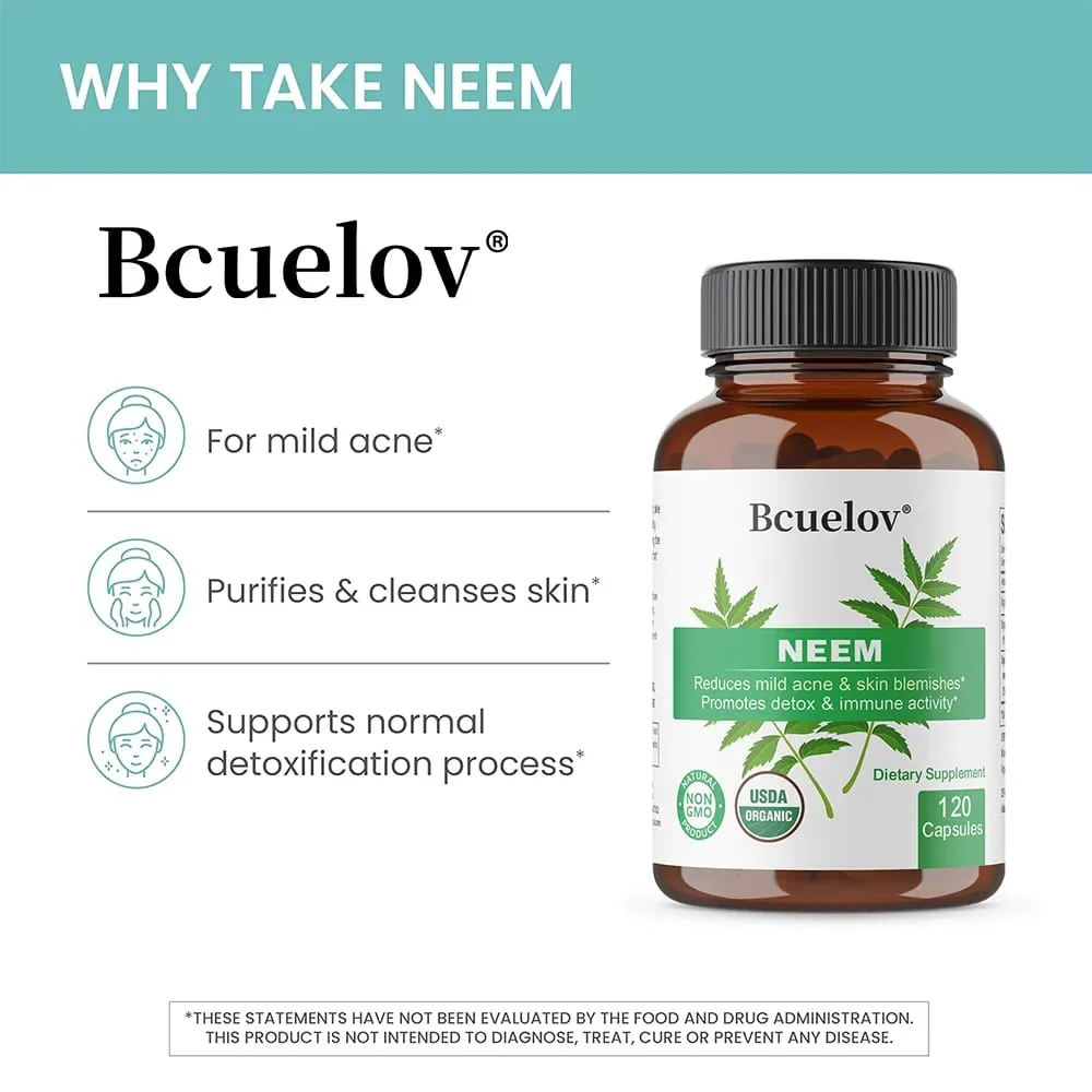 Organic Neem Capsules - Herbal Acne Supplements Supporting Clear Skin and Detox - Vegan Non-GMO Gluten Free