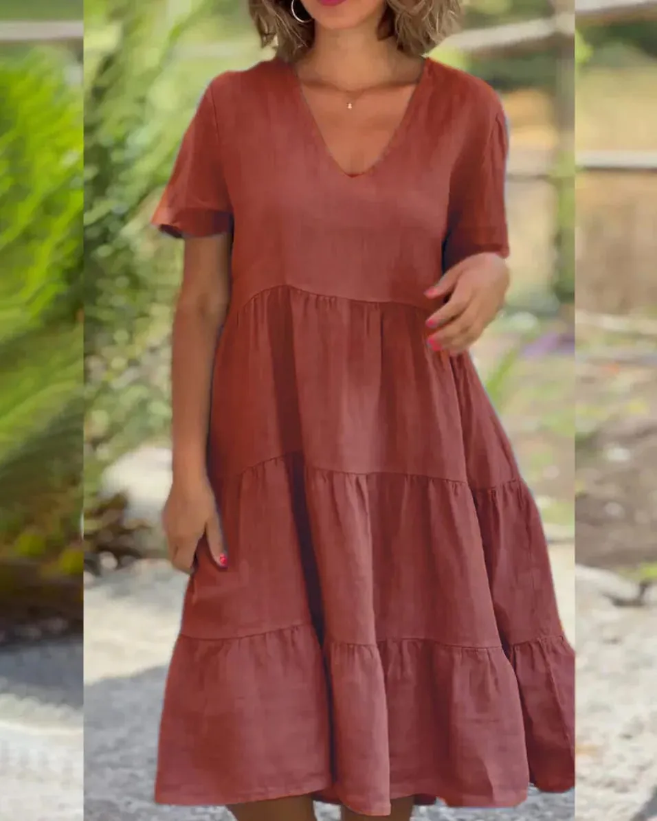 Abiti casual da donna in lino di cotone 2025 Primavera / Estate Dolce manica corta Scollo a V solido Abito ampio altalena S-5XL