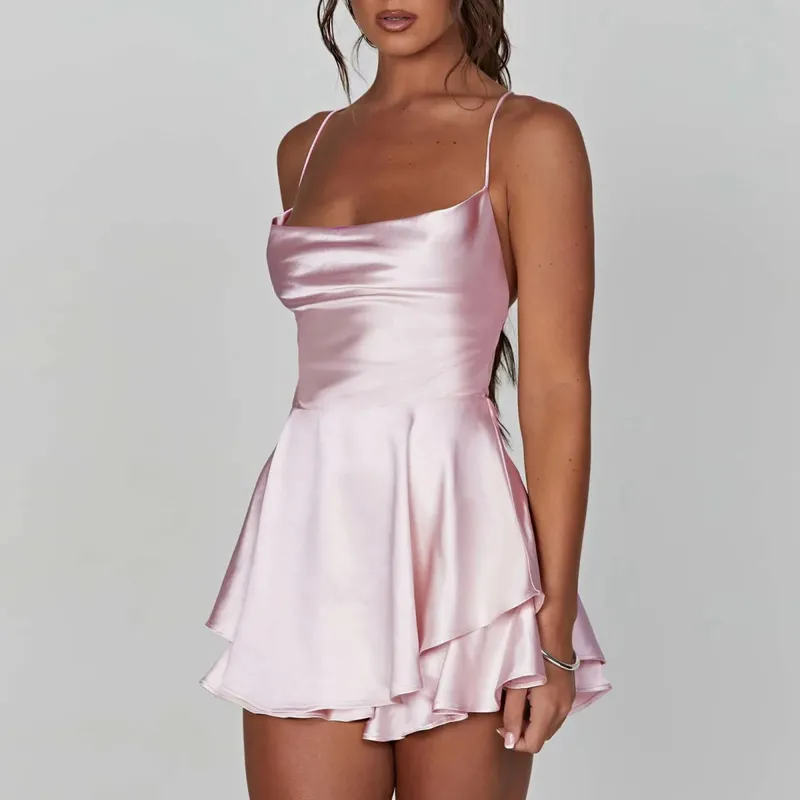 Pakaian Permainan Cami Seksi Wanita Sutera Satin Pakaian Baju Jumpsuit Pendek Tanpa Lengan Leher Cowl Pejal Musim Panas Baju Monyet Tanpa Belakang Tie-Up Salib — image 8