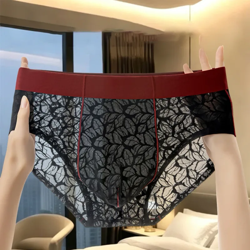 Männer Eis Seide Ultra-dünne Kurze Unterwäsche Nahtlose Spitze Jacquard Atmungsaktive Höschen 3D Ausbuchtung Beutel Transparent Mesh Dessous