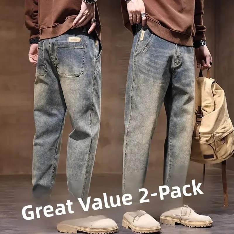Spring Summer New Retro Men's Jeans Straight Leg Elastic Casual Versatile Classic Mid-Rise Long Pants Comfortable Fit