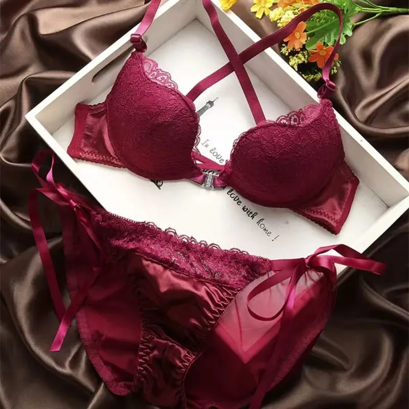 Sexy Lace Bra Set Front-Buckle Backless Push Up Adjustable Lingerie