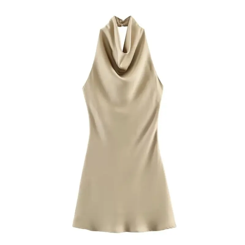 Silk Satin Texture Summer New Arrival Women's Dr Hanging Ne Collar Gown Soft A-Line Skirt High Waist Pure Color — image 9