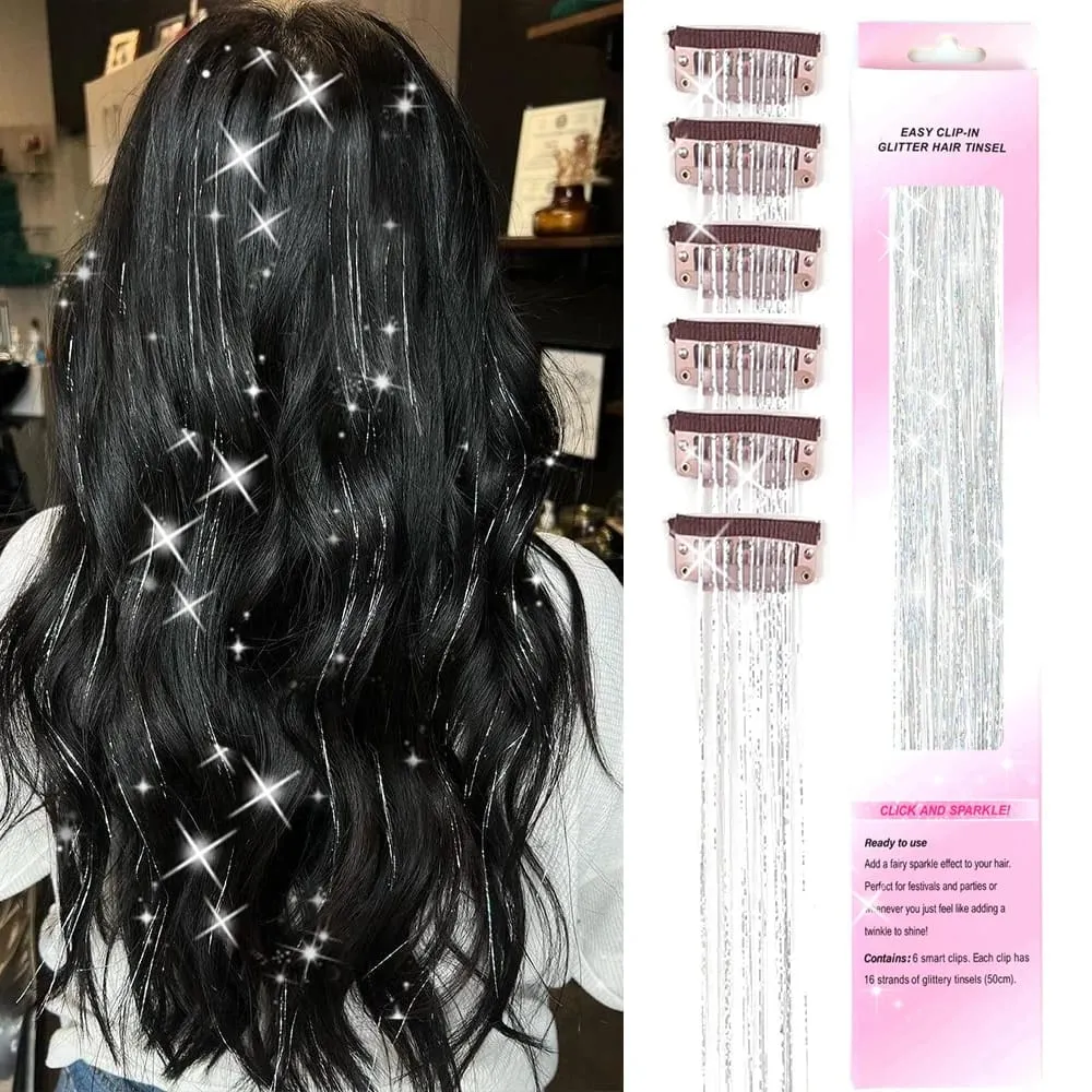 Hårglitterpaket med 6 st Klämma i hårglitter 20 tum Färgglada glitter glitter Hårförlängningar Festival Present glitter Fairy Hairpiece