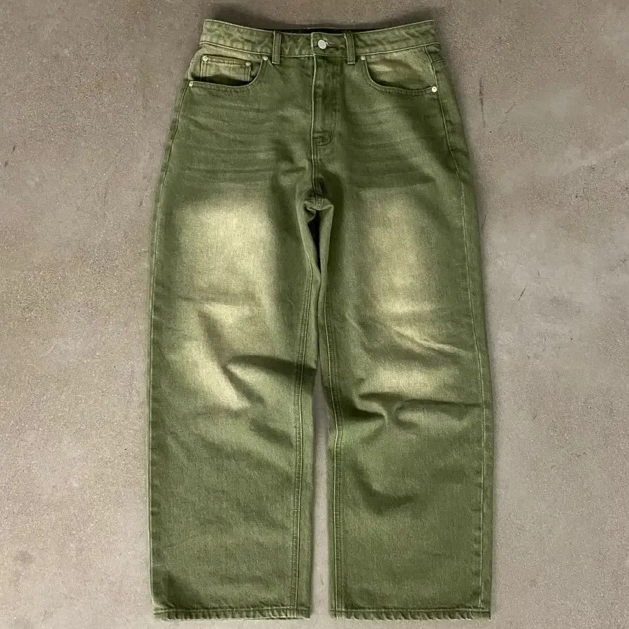 Mens Straight Leg Wide Leg Casual Streetwear Fashion Jeans Matcha Green Washed Gradient Denim Pants Harajuku Unisex Loose Fit
